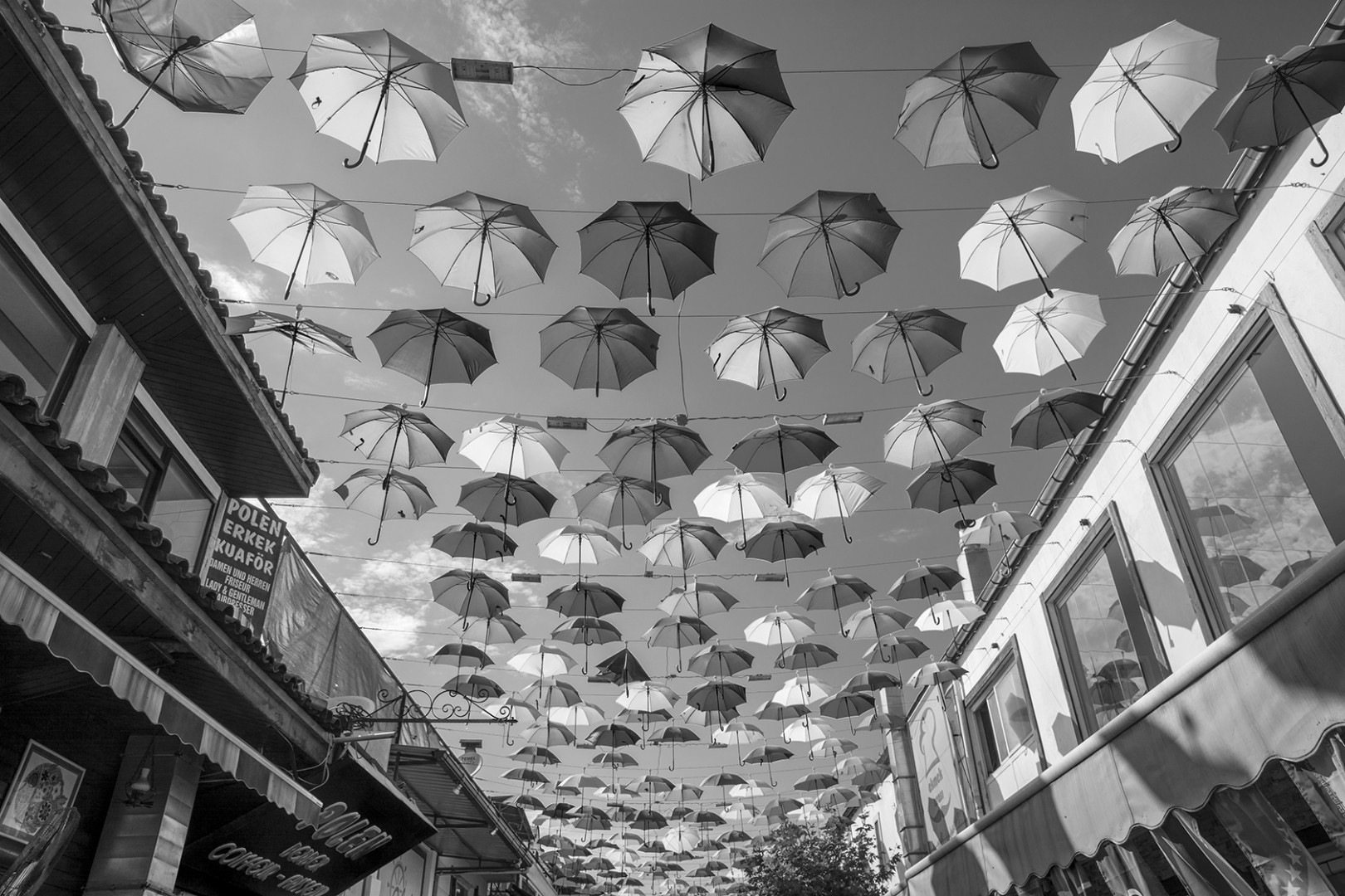 Umbrellas strung over a street in Antalya